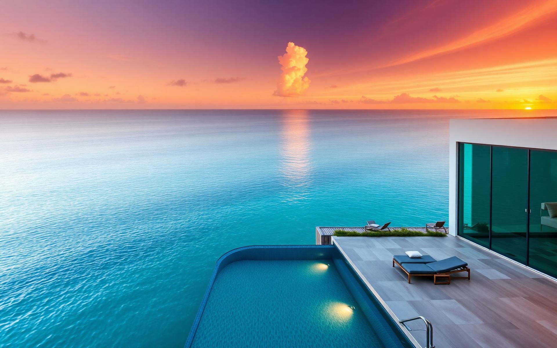 Waterfront villa overlooking the ocean at sunset